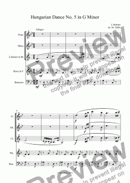 page one of Hungarian Dance No. 5 in G Minor - for wind quintet