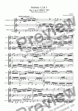page one of Bach: Sinfonia (Three part Inventions) Nos.1,2 & 3 (Set A)  arr.clarinet trio