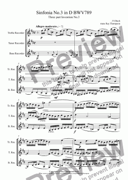 page one of Bach: Sinfonia (Three part Invention) No.3 in D BWV789 arr. recorder trio (TTB/ATB)