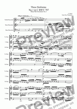page one of Bach: Sinfonia (Three part Inventions) Nos.1,2 & 3 (Set A)  arr. low recorder trio (TTB/ATB)