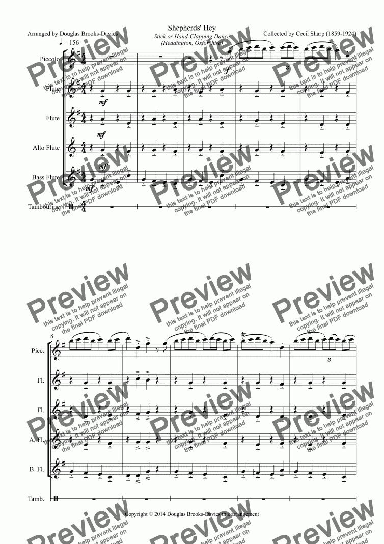 page one of SHARP, Cecil: Morris Dances, arr. for Flute Choir (picc., 2fl, afl, bfl, tambourine)