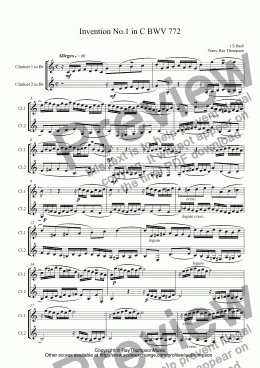 page one of Bach: Two part Invention No.1 in C BWV 772 arr. clarinet duet ( opt bs cl.)