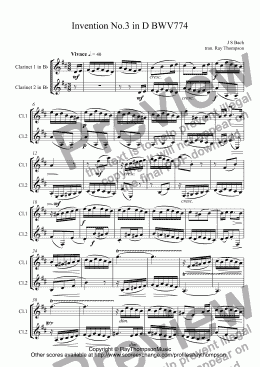page one of Bach: Two part Invention No.3 in D BWV774 arr. clarinet duet (opt bass clt)