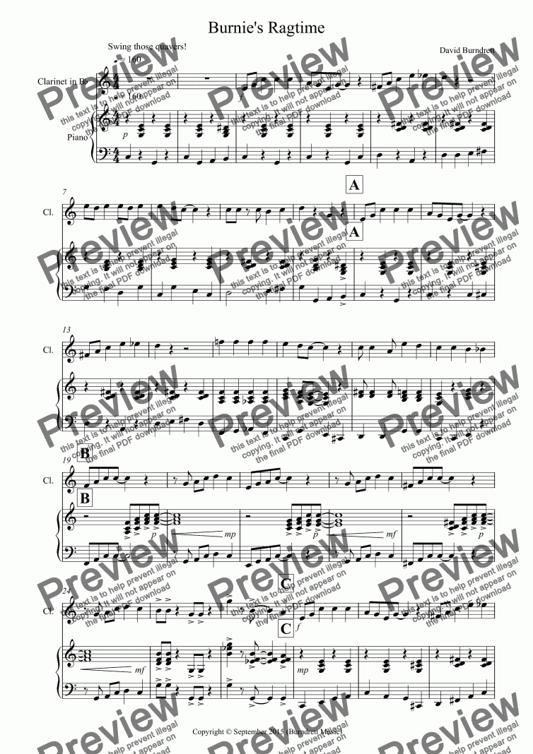 page one of Burnie’s Ragtime for Clarinet and Piano
