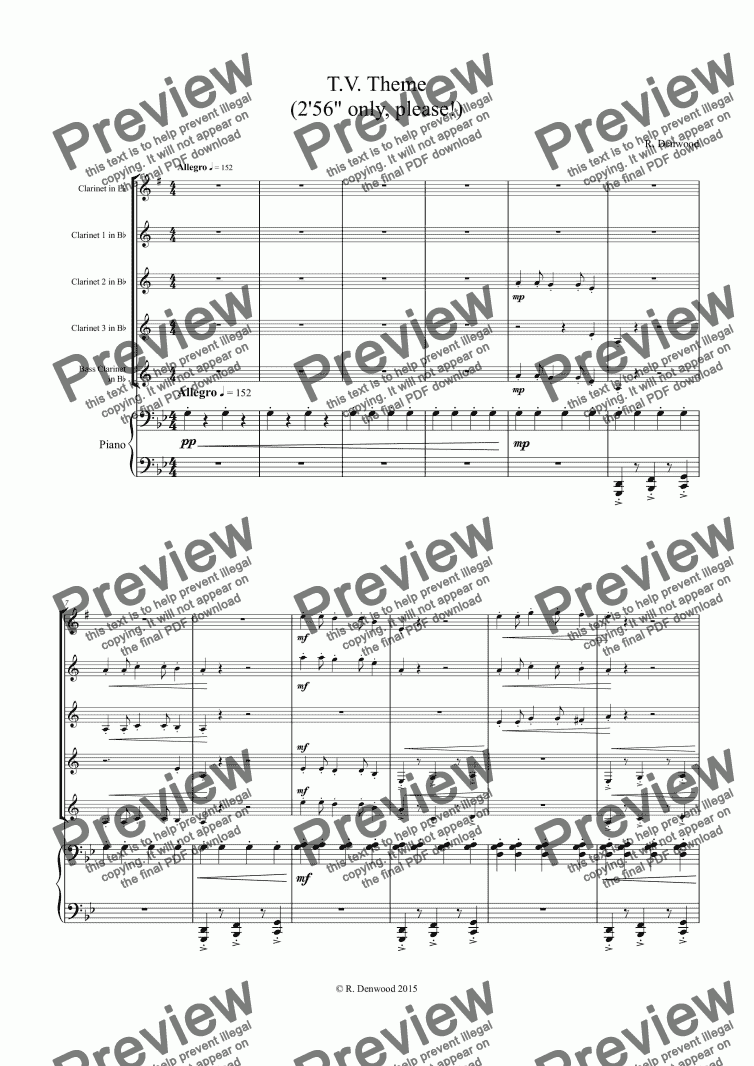 page one of Denwood - T.V. Theme for 5 clarinets, (1xEb, 3 Bb, 1 Bass) and Piano