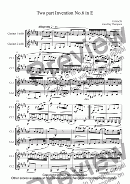 page one of Bach: Two part Invention No.6 in E arr. clarinet duet (opt. Bass clt)