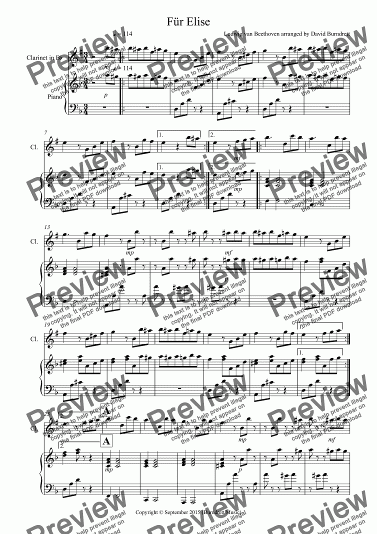 page one of Für Elise for Clarinet and Piano