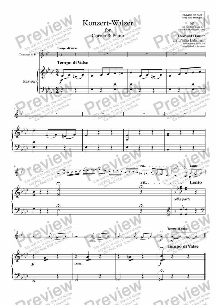 page one of Hansen, T. - Konzert-Walzer for Trumpet (orig.) & Piano (simplified)