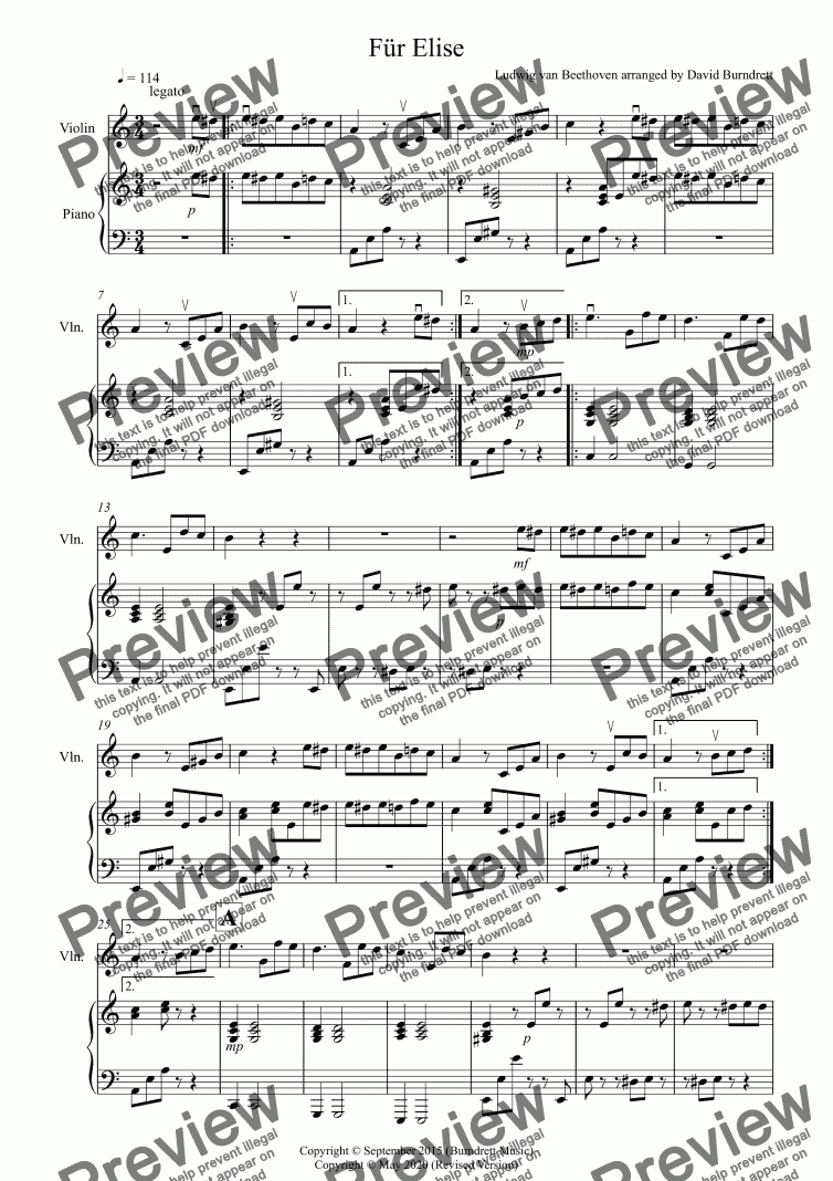 page one of Für Elise for Violin and Piano