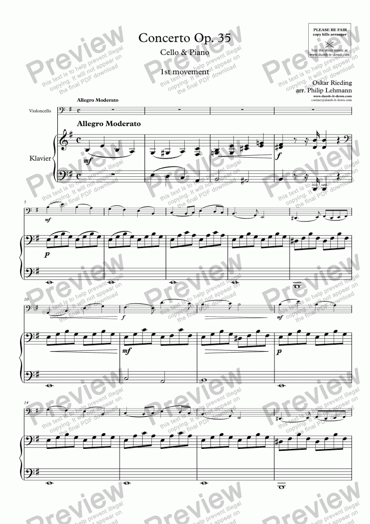 page one of Rieding, O. - Op.35, Concerto (in e); 1st mov. - for Cello (orig.) & Piano (simplified)