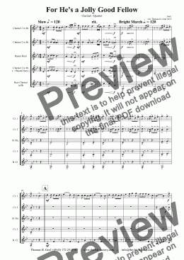 page one of For He's a Jolly Good Fellow - Folk Song and Toast  - Clarinet Quartet