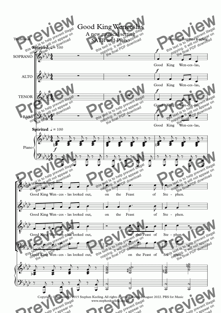 page one of GOOD KING WENCESLAS - A new musical setting SATB and Piano