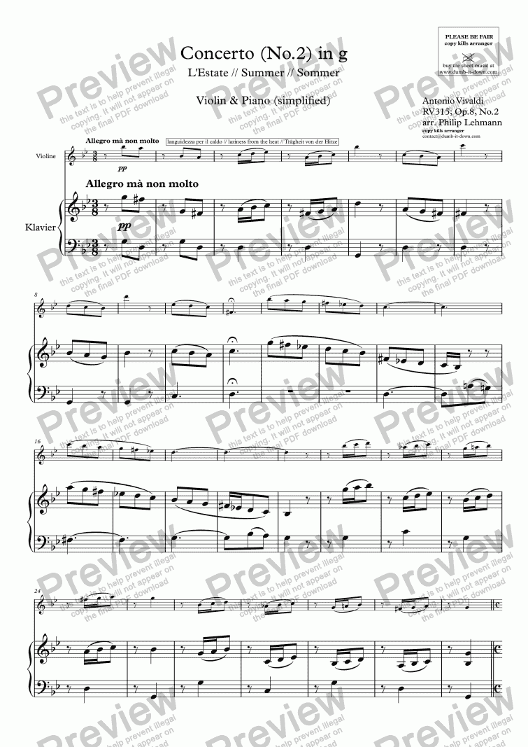 page one of Vivaldi, A. - L'Estate (Summer) - Op.8, No.2 / RV315 - for Violin (orig.) & Piano (simplified)