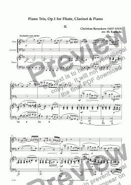 page one of "Andante con moto" from Piano Trio, Op.1 for Flute, Clarinet & Piano