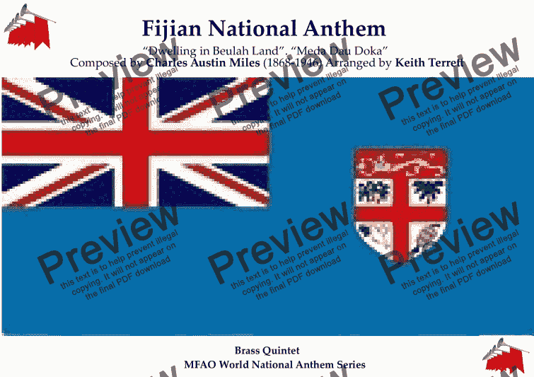 page one of Fijian National Anthem “Dwelling in Beulah Land”. “Meda Dau Doka” for Brass Quintet (MFAO World Anthem Series)