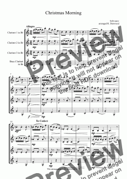page one of Selivanov - Christmas Morning for Clarinet Quartet 3Bb and Bass