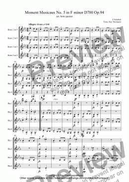 page one of Schubert: Moment Musical No. 5 in F minor D780 Op.94 arr. horn quartet