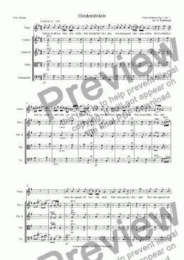 page one of Schubert: Heidenroslein, arranged for voice and string quartet