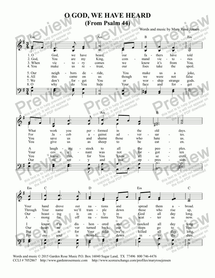 page one of O God, We Have Heard (From Psalm 44) SATB