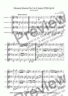 page one of Schubert: Moment Musical No.3 in F minor D780 Op.94 arr clarinet quartet (4 standard clarinets with opt. 4th part bass clt)