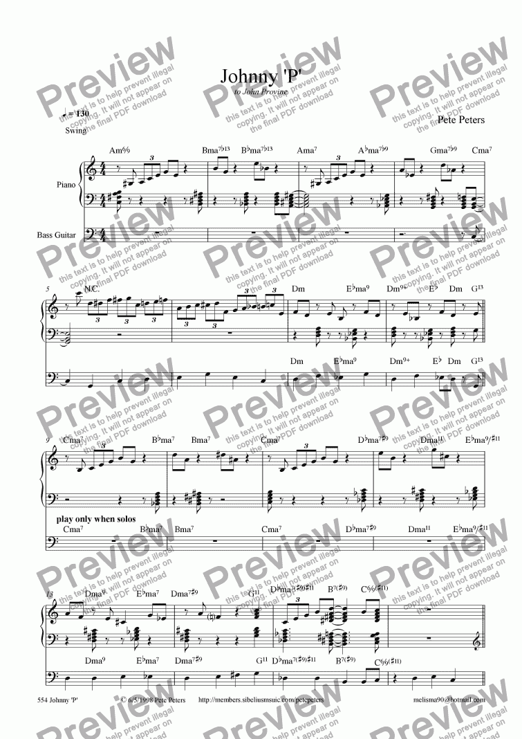 page one of Johnny ’P’ [Jazz piano +Bass]