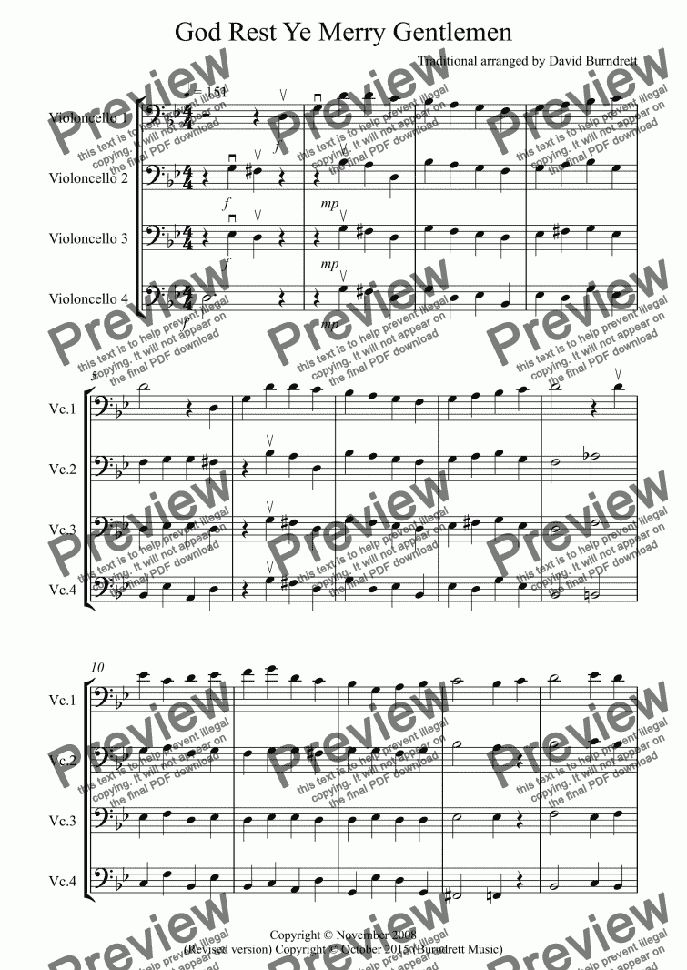 page one of God Rest Ye Merry Gentlemen for Cello Quartet