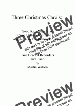 page one of Three Christmas Carols for Two Descant Recorders and Piano