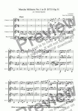 page one of Schubert: Marche Militaire No.1 in D, D733 Op.51 arr.clarinet quartet (3 clt/bass clt.)