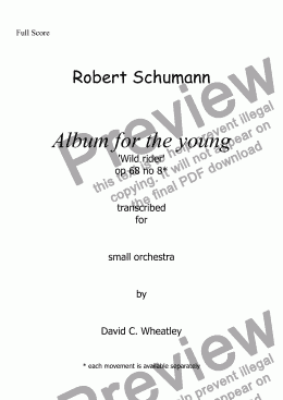page one of Schumann Album for the young op 68 no 8 ’Wild Rider’ for small orchestra