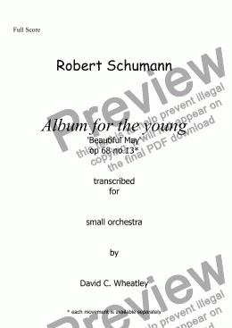 page one of Schumann Album for the young op 68 no 13 'Beautiful May' for small orchestra