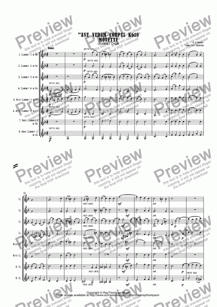 page one of Mozart: Ave Verum Corpus K618 Motette arr clarinet choir (octet)
