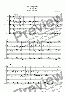 page one of Beethoven: 7th Symphony  Mvt. II.Allegretto arr. wind quintet
