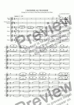 page one of INSTRUMENTAL - CAROL - I WONDER AS I WANDER’ arranged for Fl./Ob./Cl. plus Four Flutes Useful for Schools