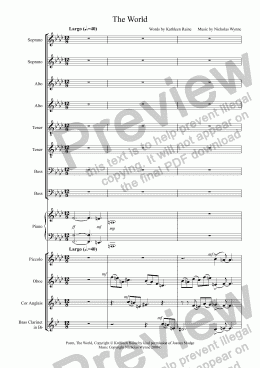 page one of The World: for 8 part choir and Piano quintet