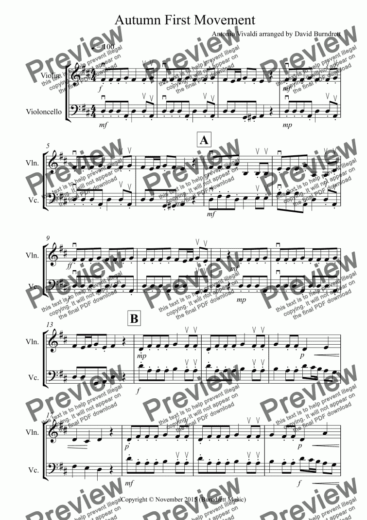 page one of Autumn "Four Seasons" for Violin and Cello Duet
