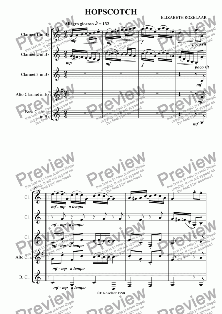 page one of Hopscotch for Clarinet quartet