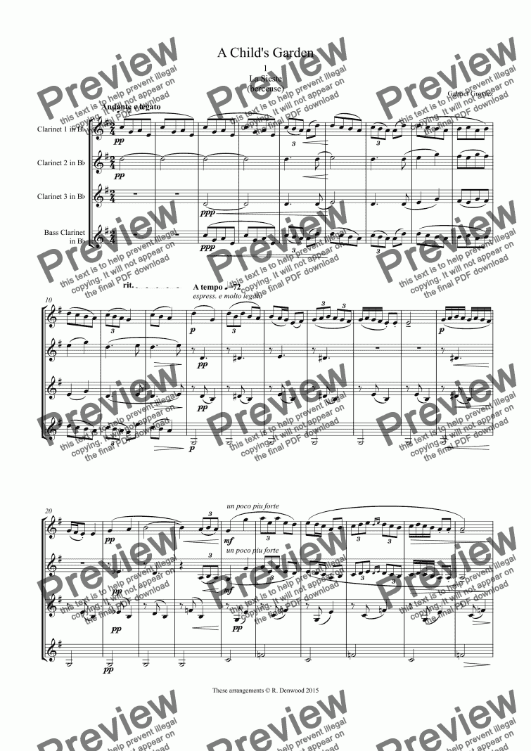 page one of Grovlez - A Child’s Garden, 6 movements for Clarinet quartet (3Bb & Bass)
