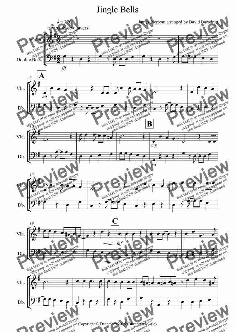 page one of Jingle Bells (Jazzy Style!) for Violin and Double Bass Duet