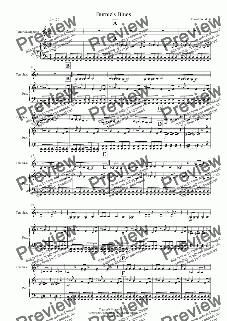 page one of Burnie’s Blues for Tenor Saxophone and Piano