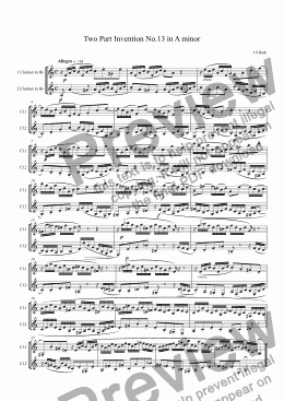 page one of Bach: Two Part Invention No.13 in A minor arr.clarinet duet (opt bass clt)
