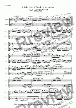 page one of Bach: " A Selection of Inventions" (Two Part Inventions Nos.1,3,4,5,6,13,15) arr. violin duet