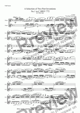 page one of Bach: " A Selection of Inventions" (Two Part Inventions Nos.1,3,4,5,6,13,15) arr. flute duet