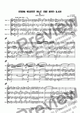 page one of Mozart: "The Hunt" (String Quartet No.17  K.458 in Bb) Mvt. I. arr. horn quartet