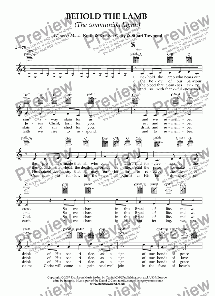 page one of BEHOLD THE LAMB (The communion hymn)