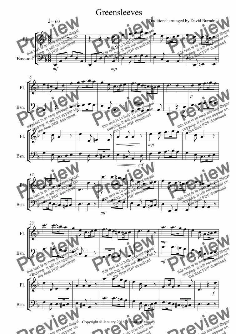 page one of Greensleeves for Flute and Bassoon Duet