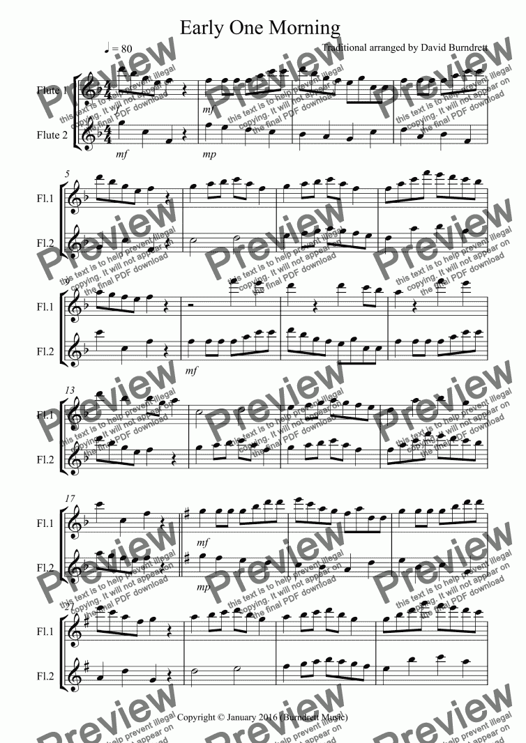 page one of Early One Morning for Flute Duet