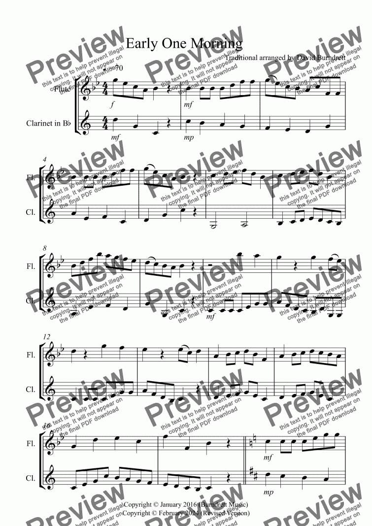 page one of Early One Morning for Flute and Clarinet Duet