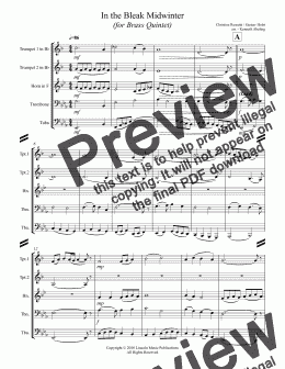 page one of In the Bleak Midwinter (for Brass Quintet)