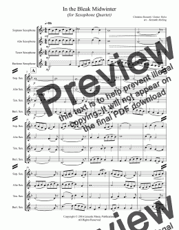 page one of In the Bleak Midwinter (for Saxophone Quartet SATB or AATB)