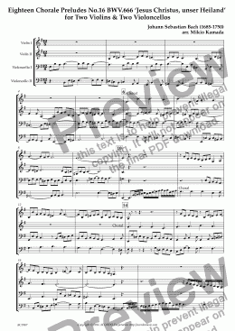 page one of Eighteen Chorale Preludes No.16 BWV.666 ‘Jesus Christus, unser Heiland’ for Two Violins & Two Violoncellos